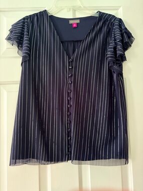 Vince Camuto Navy and Sparkly Silver Pinstripe Ruffle-Sleeve Blouse
